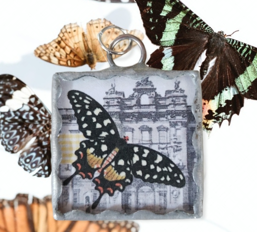 Hand Crafted Soldered Glass Charm with Vintage Papers